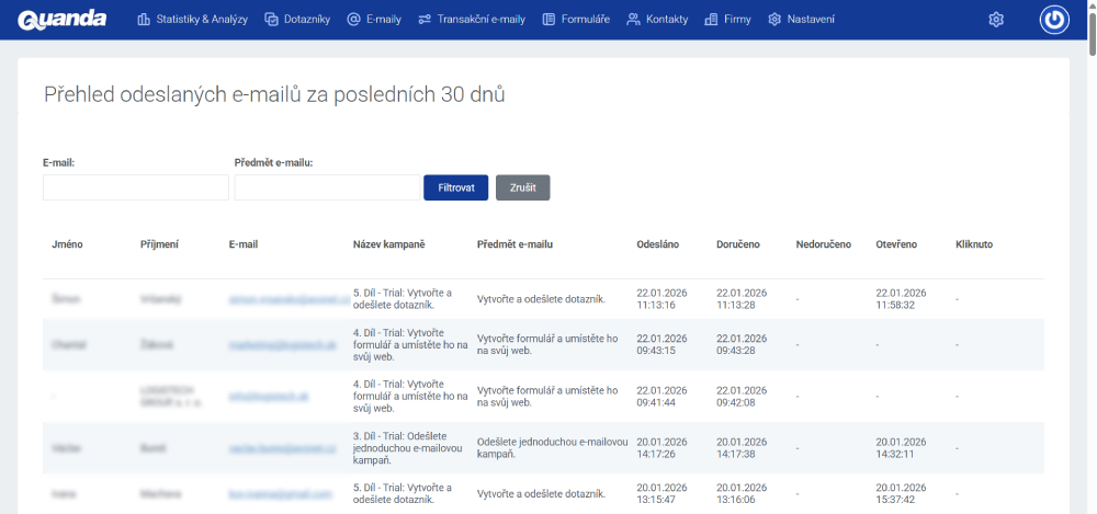 Přehled odeslan&yacute;ch e-mailů v Quandě